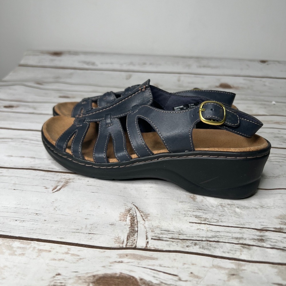 Clarks Bendables Caged Wedge Sandals Navy Blue Leather Comfort 9.5M